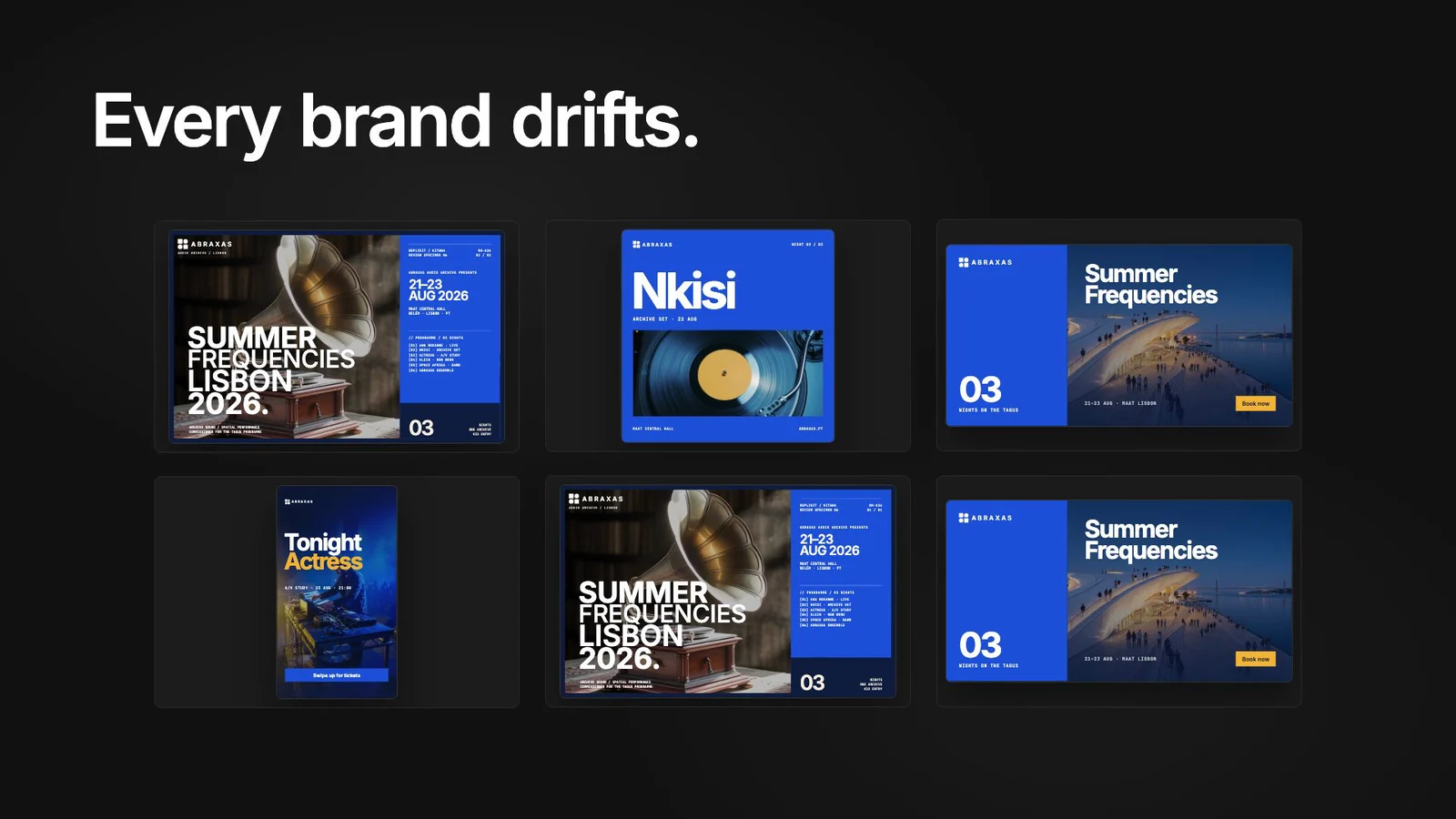 Six assets from one campaign side by side: posters, social posts and banners that no longer quite match